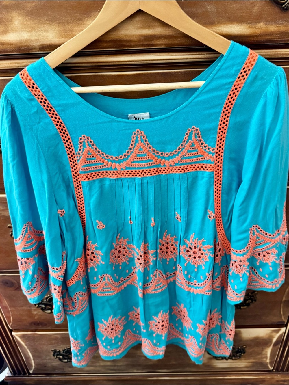 Ivy Jane XL Turquoise Coral Embroidered Pintuck Boho Tunic Top NWOT